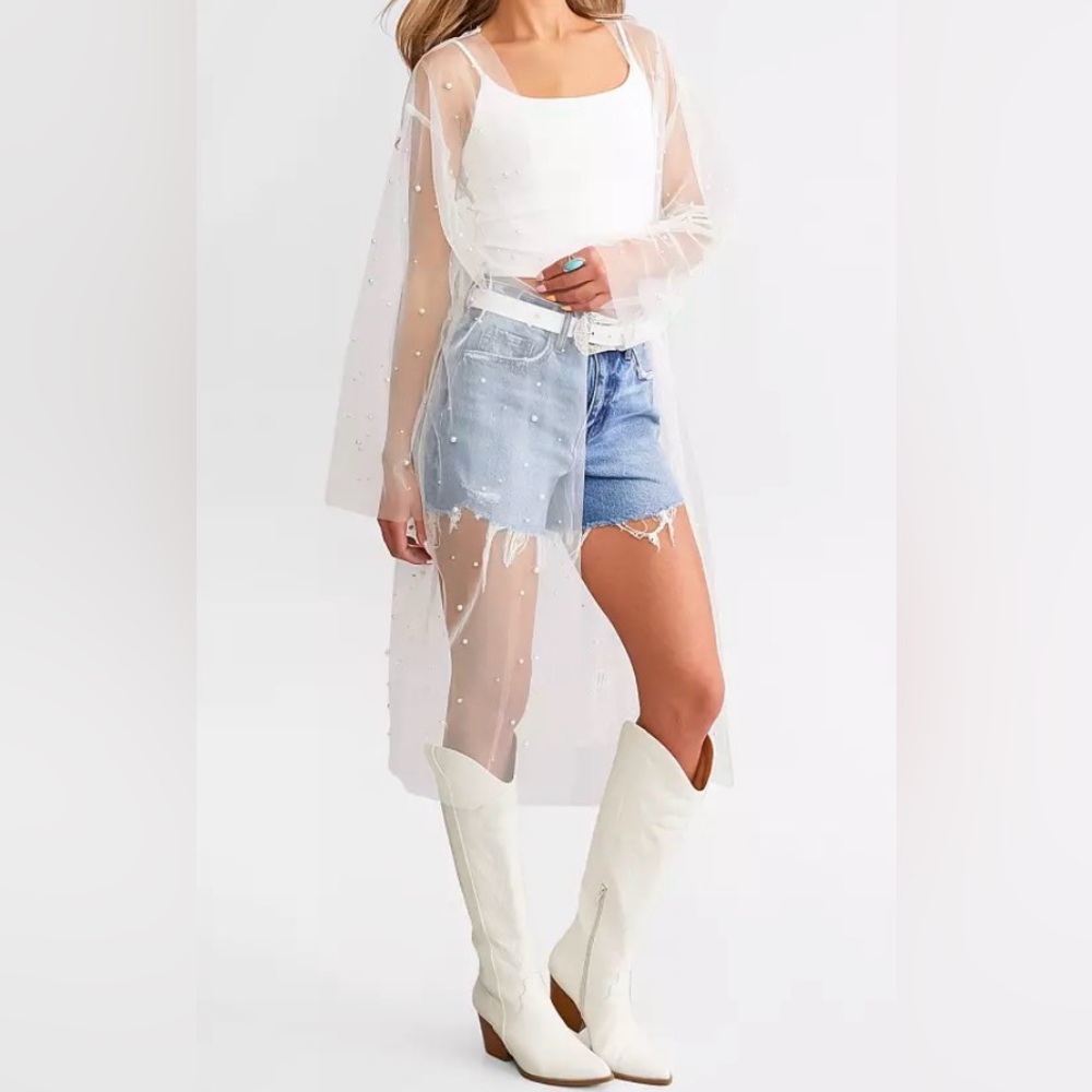 GeeGee Clothing Faux Pearl Mesh Duster
